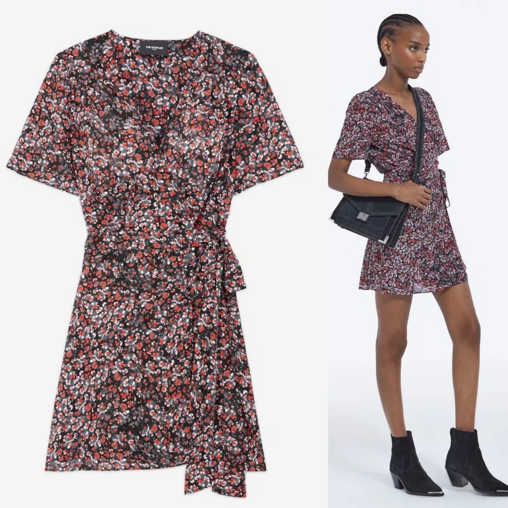 The Kooples  Paris Black & Red Floral Silky Lightweight Wrap Mini Dress Size XS